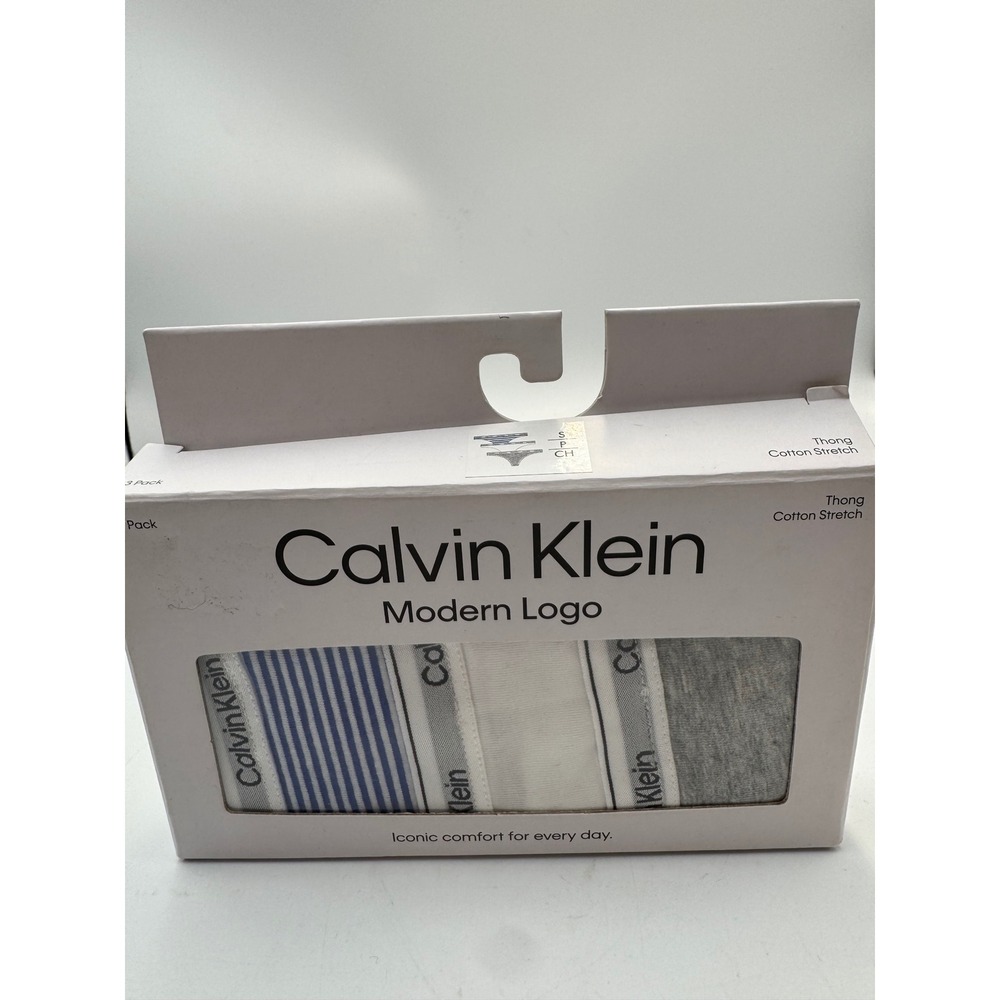 Calvin Klein Modern Logo Thong 3-Pack Blue White Grey Cotton Stretch QD5209 S